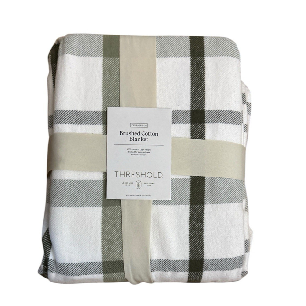 Threshold Full/Queen Brushed Cotton Blanket Cream & Green 90 in x 92 in New